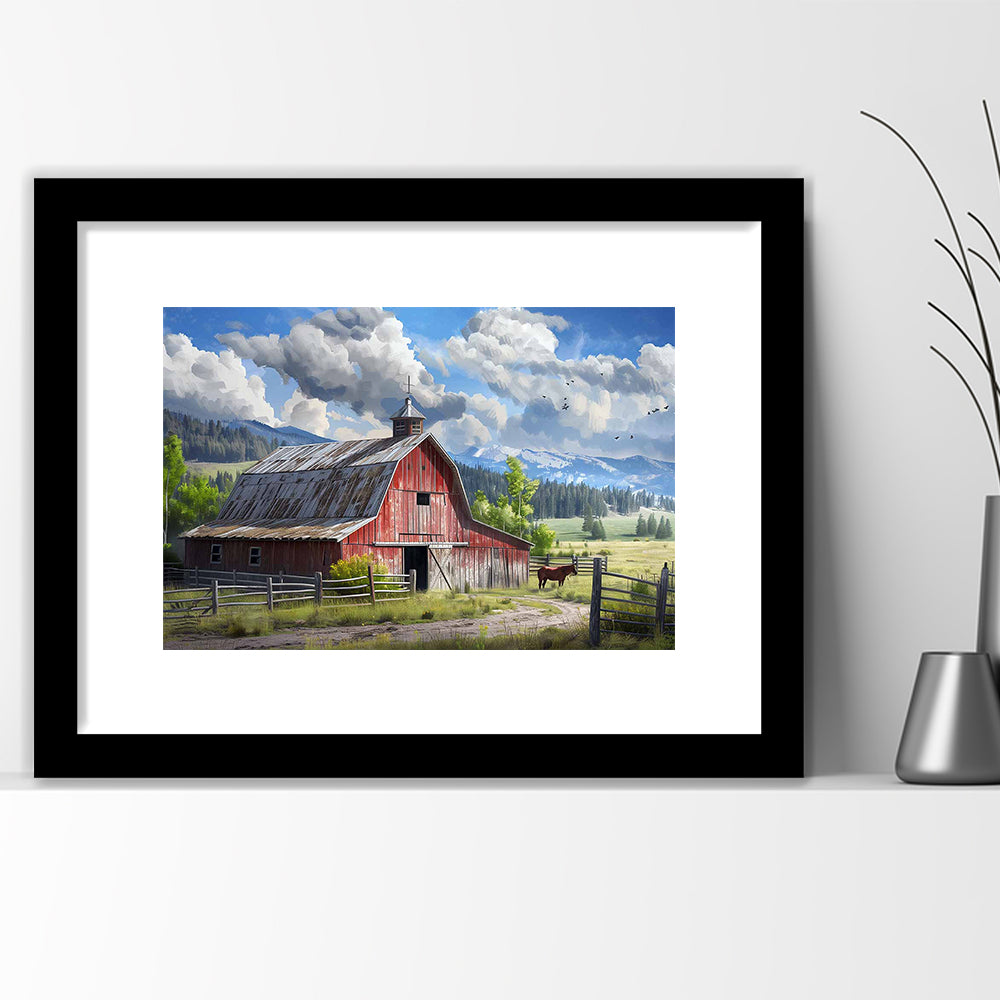 Rustic Farmhouse Art Print,Reproduction Of Old Barn Painting,Large Farmhouse Wall Art, Framed Art Print White Border