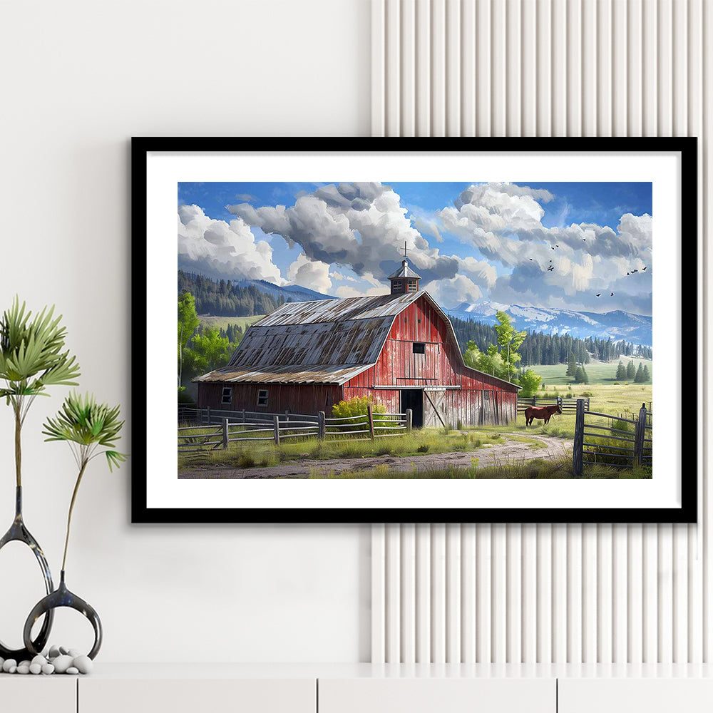 Rustic Farmhouse Art Print,Reproduction Of Old Barn Painting,Large Farmhouse Wall Art, Framed Art Print White Border