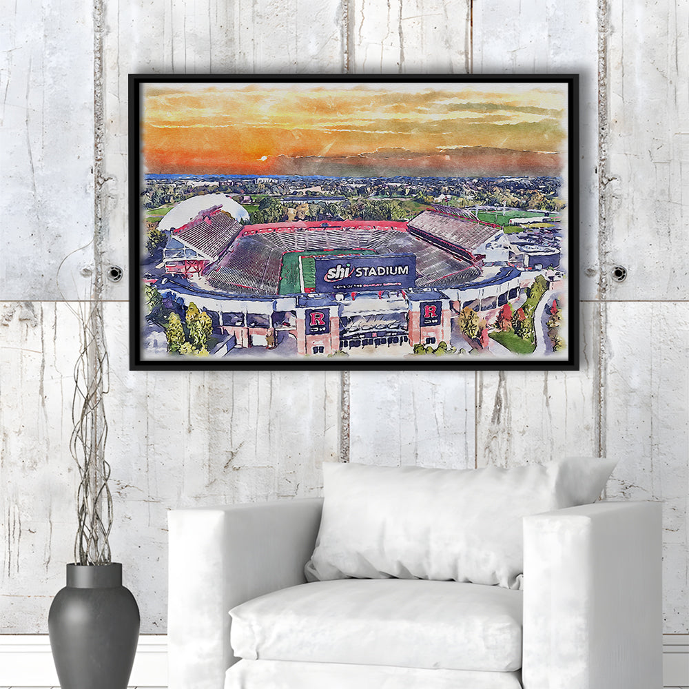 Rutgers Scarlet Knights, SHI Painting Stadium Watercolor, Sport Gift Art, Framed Canvas Print Wall Art