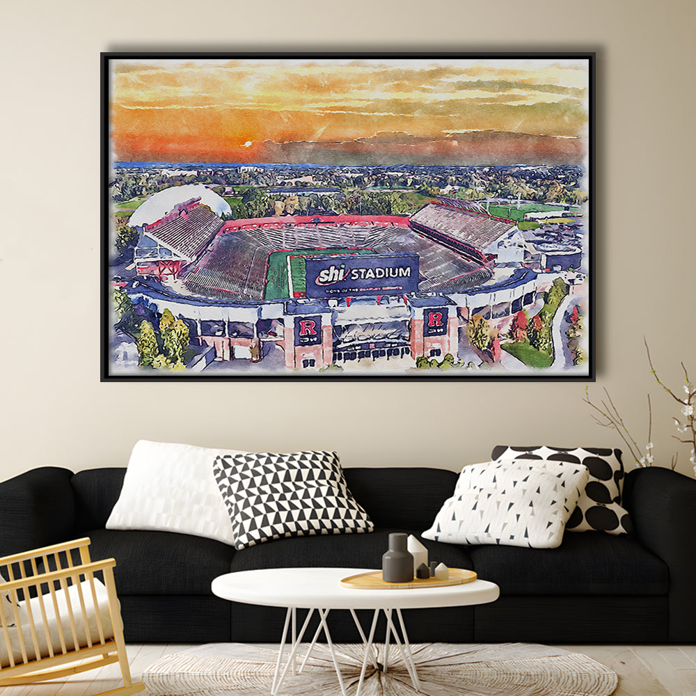 Rutgers Scarlet Knights, SHI Painting Stadium Watercolor, Sport Gift Art, Framed Canvas Print Wall Art