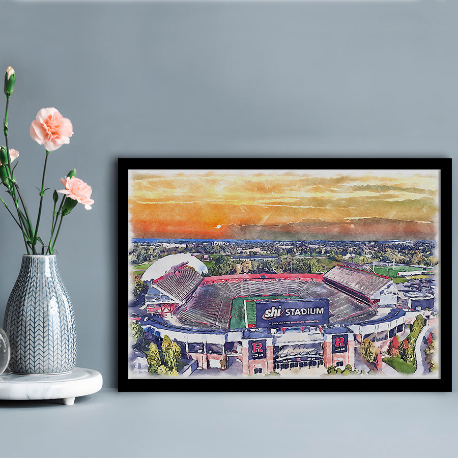Rutgers Scarlet Knights, SHI Painting Stadium Watercolor, Sport Gift Art, Framed Art Print Wall Decor