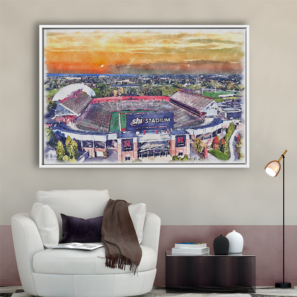 Rutgers Scarlet Knights, SHI Painting Stadium Watercolor, Sport Gift Art, Framed Canvas Print Wall Art