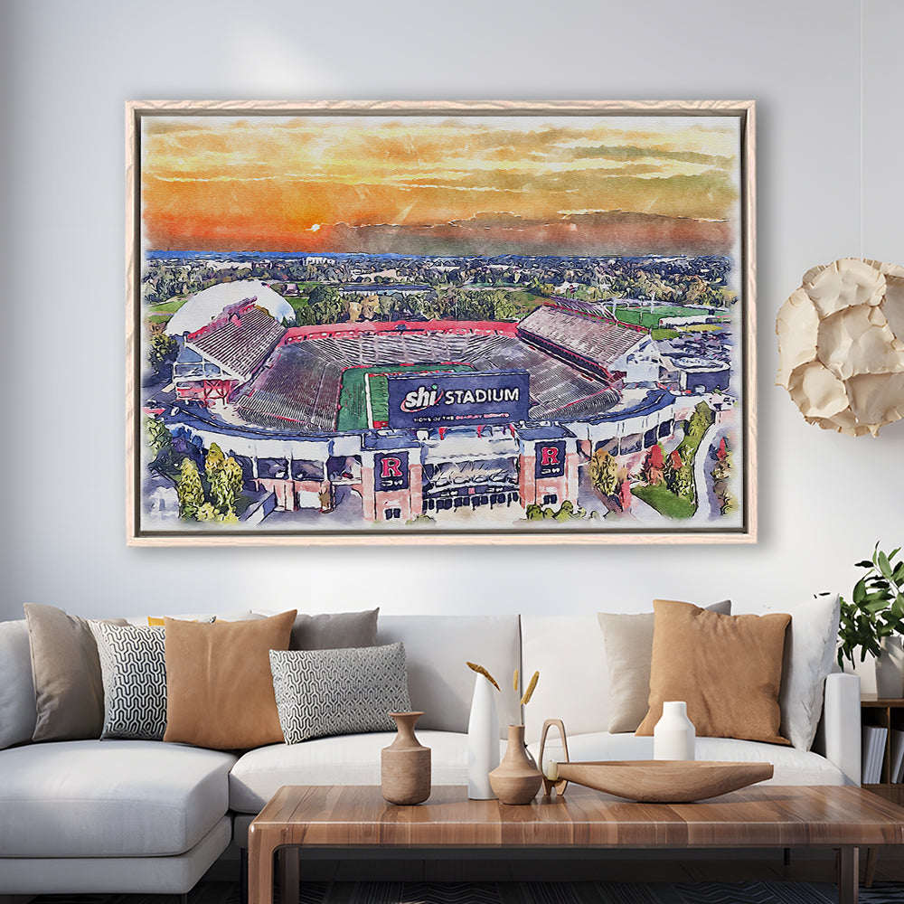 Rutgers Scarlet Knights, SHI Painting Stadium Watercolor, Sport Gift Art, Framed Canvas Print Wall Art