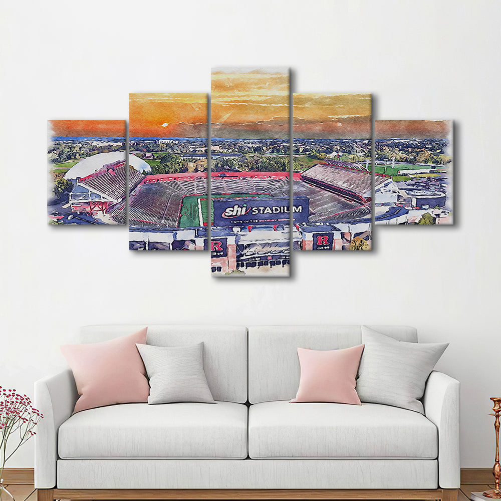 Rutgers Scarlet Knights, SHI Painting Stadium Watercolor, Sport Art, Mixed 5 Panel, Canvas Print Wall Art