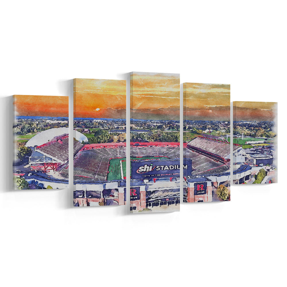 Rutgers Scarlet Knights, SHI Painting Stadium Watercolor, Sport Art, Mixed 5 Panel, Canvas Print Wall Art