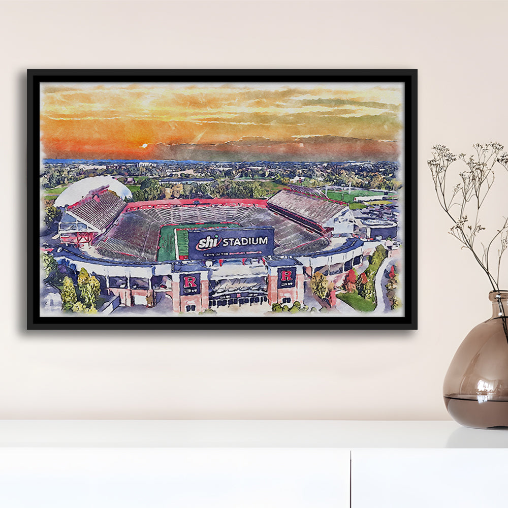 Rutgers Scarlet Knights, SHI Painting Stadium Watercolor, Sport Gift Art, Framed Canvas Print Wall Art