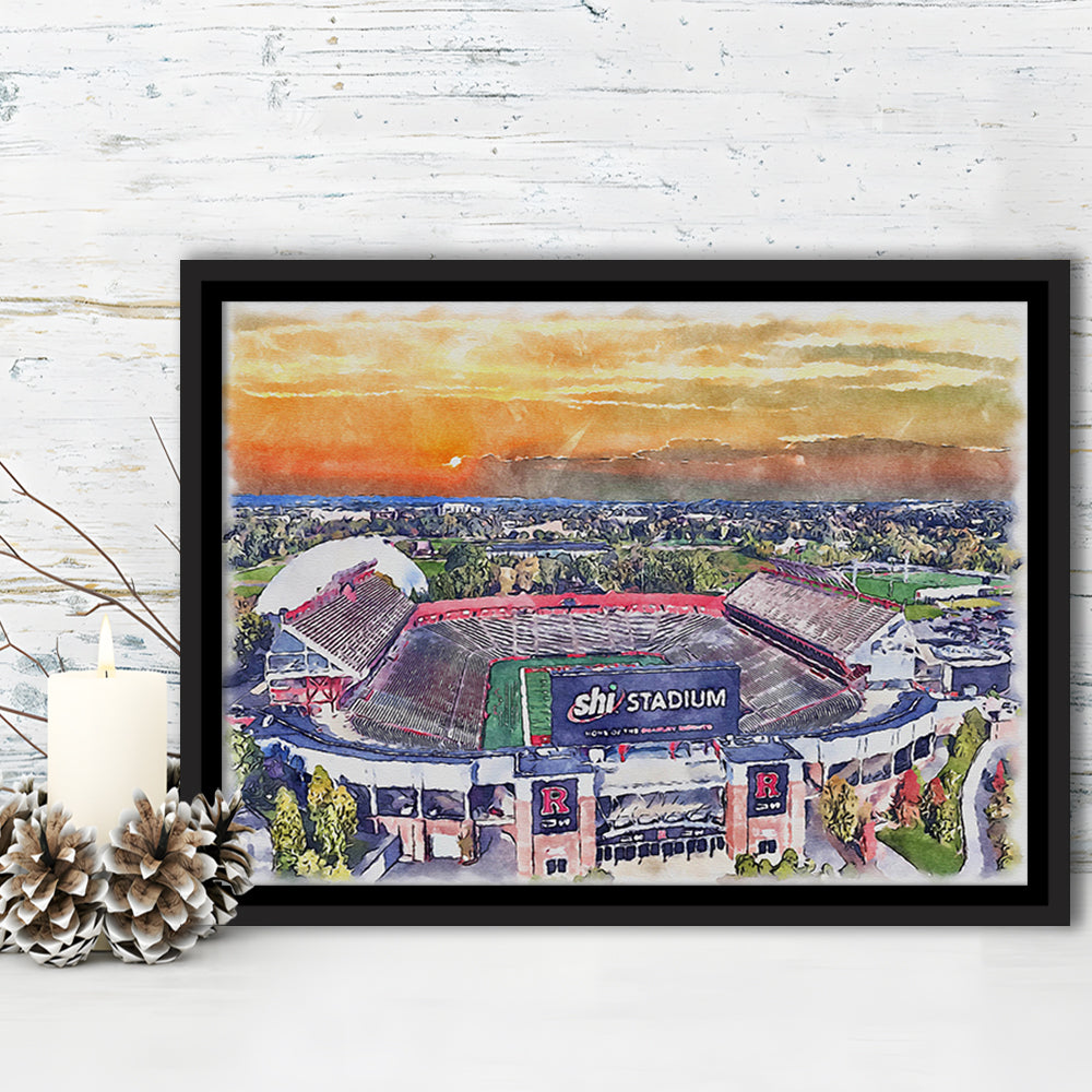 Rutgers Scarlet Knights, SHI Painting Stadium Watercolor, Sport Gift Art, Framed Canvas Print Wall Art