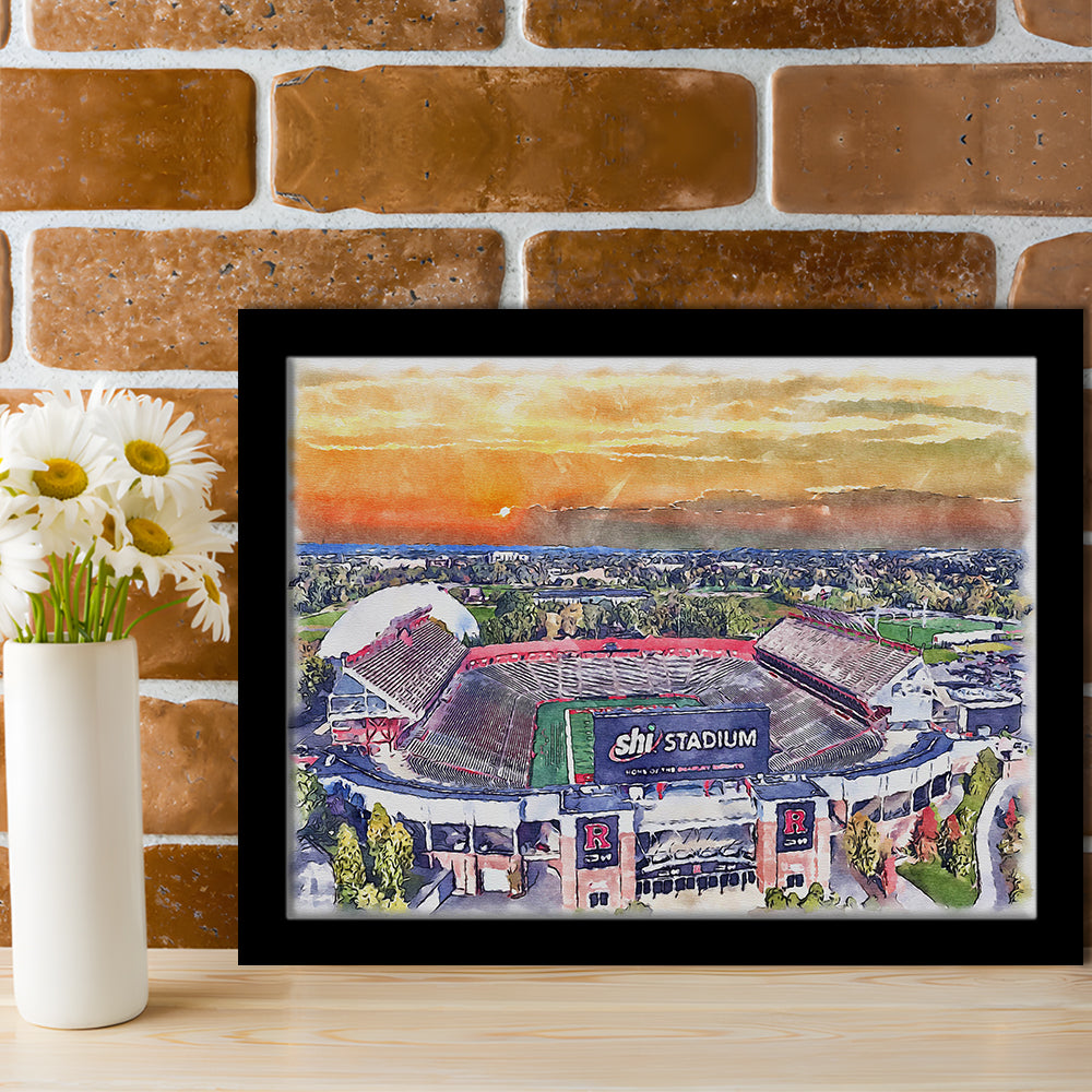 Rutgers Scarlet Knights, SHI Painting Stadium Watercolor, Sport Gift Art, Framed Art Print Wall Decor