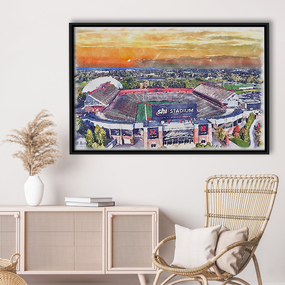 Rutgers Scarlet Knights, SHI Painting Stadium Watercolor, Sport Gift Art, Framed Canvas Print Wall Art