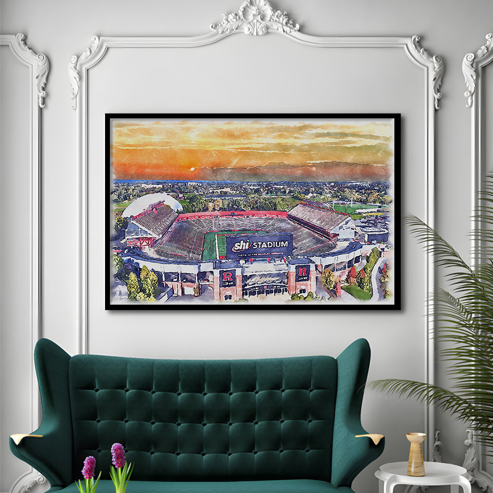 Rutgers Scarlet Knights, SHI Painting Stadium Watercolor, Sport Gift Art, Framed Art Print Wall Decor