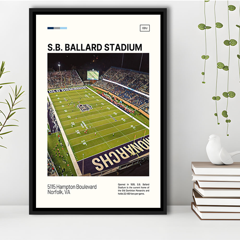 S.B. Ballard Stadium Print, Old Dominion Monarchs Stadium Canvas Art, Man Cave Gift, Floating Framed Canvas Print Wall Art