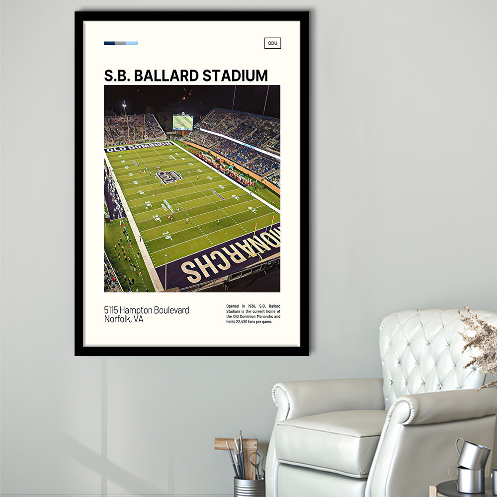 S.B. Ballard Stadium Print, Old Dominion Monarchs Stadium Art, Gifts for him, Sport Art, Framed Art Print Wall Decor