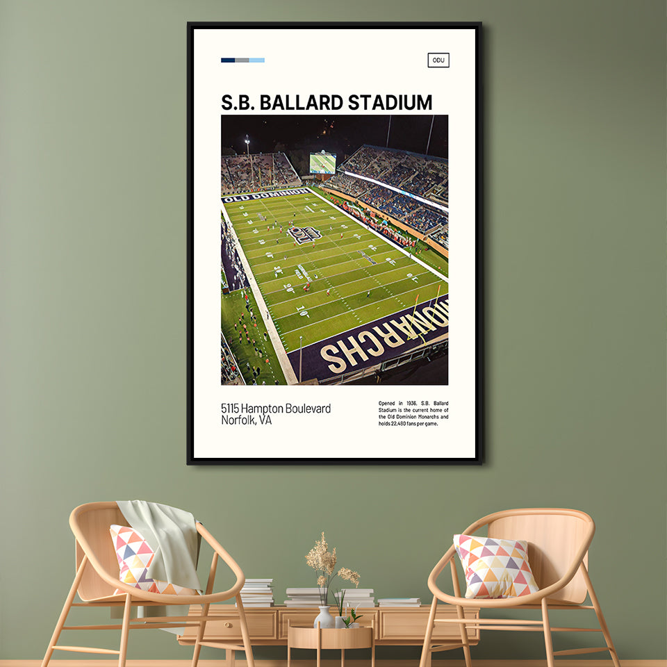 S.B. Ballard Stadium Print, Old Dominion Monarchs Stadium Canvas Art, Man Cave Gift, Floating Framed Canvas Print Wall Art