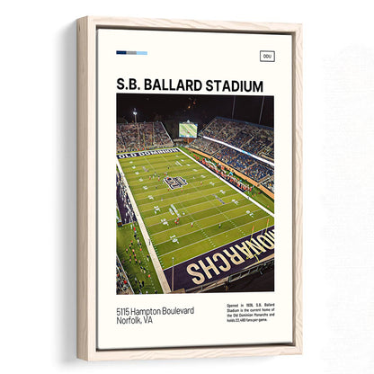 S.B. Ballard Stadium Print, Old Dominion Monarchs Stadium Canvas Art, Man Cave Gift, Floating Framed Canvas Print Wall Art