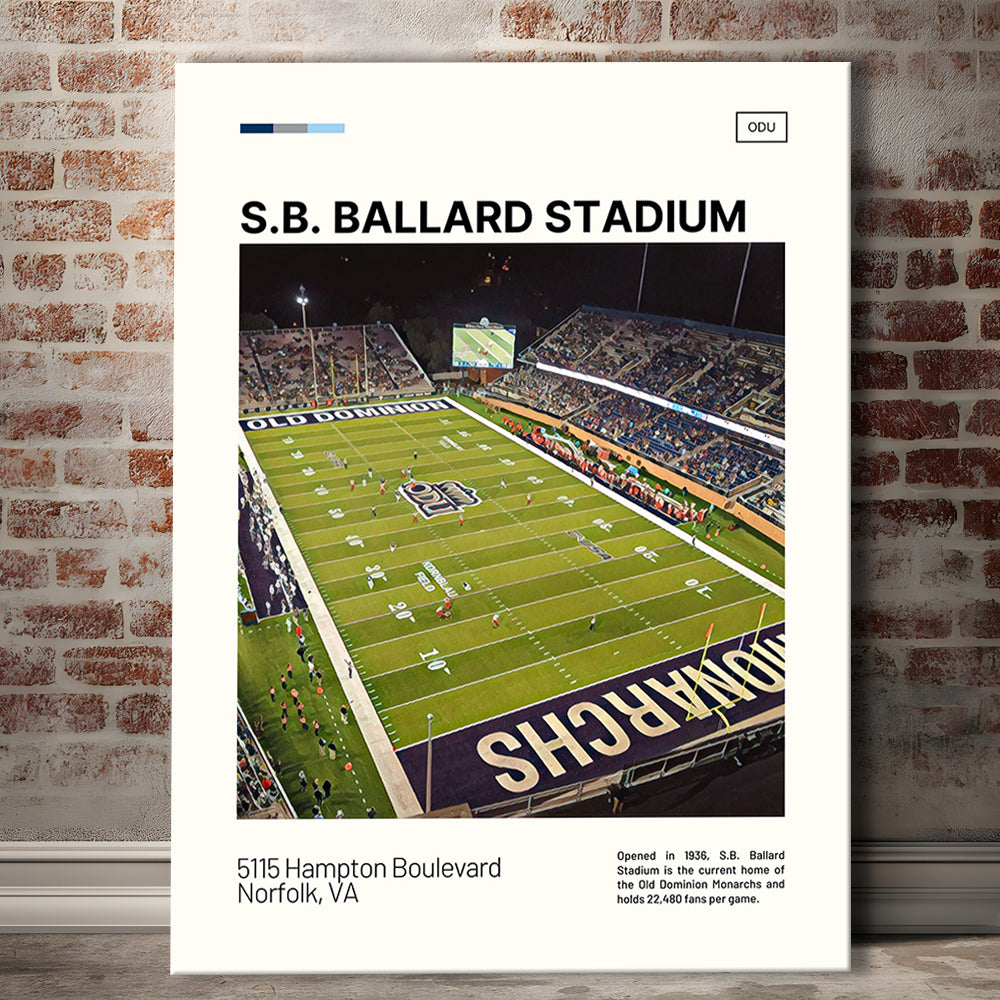 S.B. Ballard Stadium Print, Old Dominion Monarchs Stadium Canvas Art, Fan Gifts, Sport Art, Canvas Print Wall Art