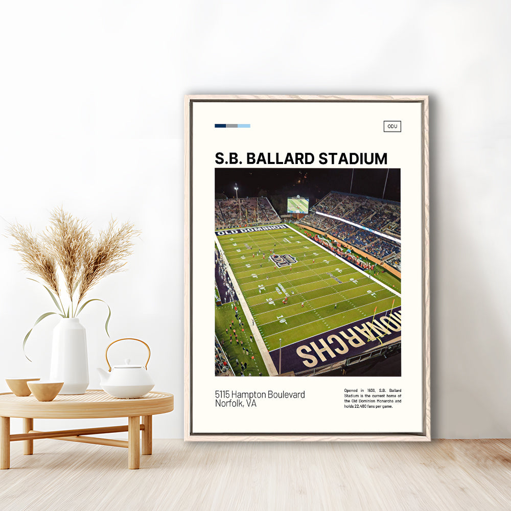 S.B. Ballard Stadium Print, Old Dominion Monarchs Stadium Canvas Art, Man Cave Gift, Floating Framed Canvas Print Wall Art