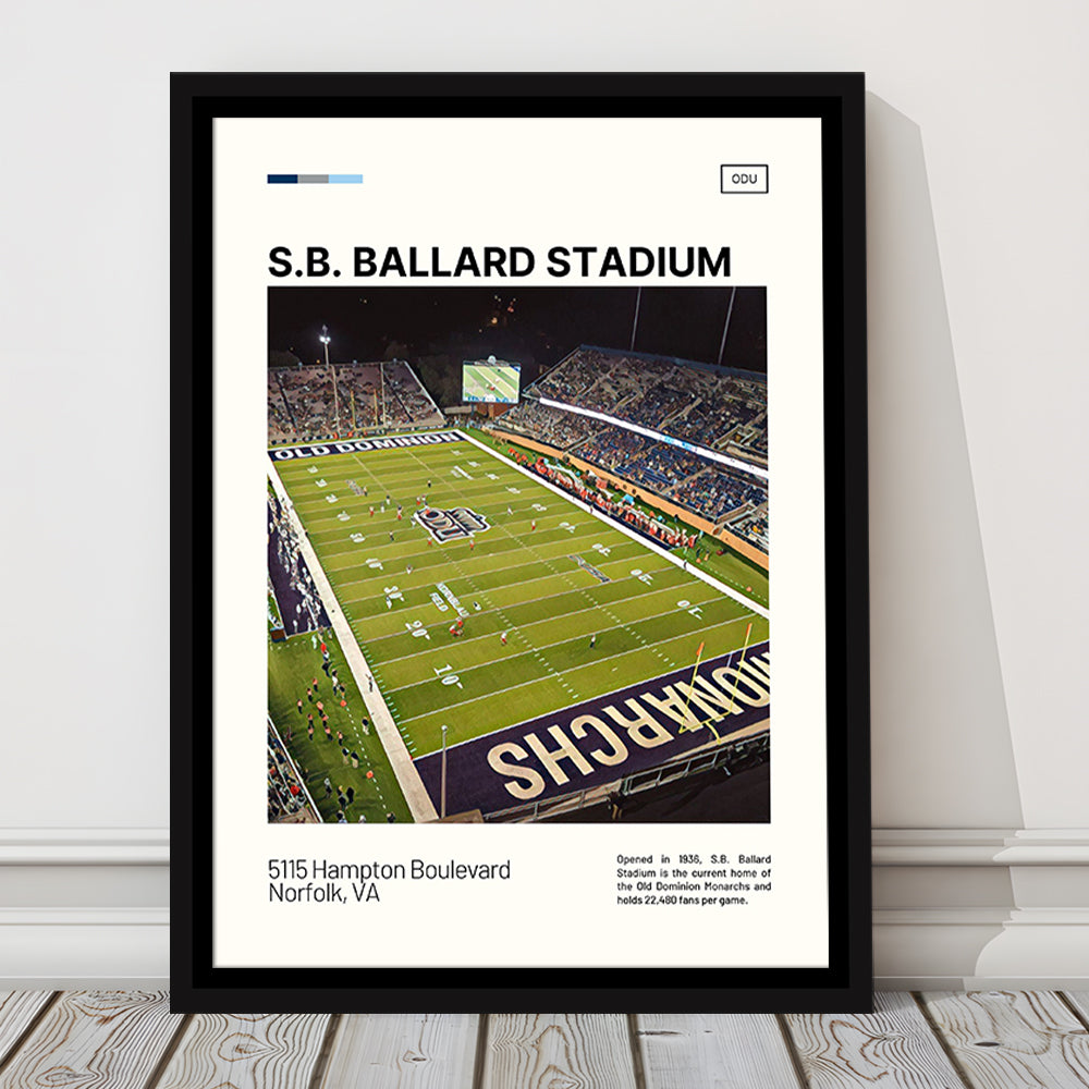 S.B. Ballard Stadium Print, Old Dominion Monarchs Stadium Canvas Art, Man Cave Gift, Floating Framed Canvas Print Wall Art