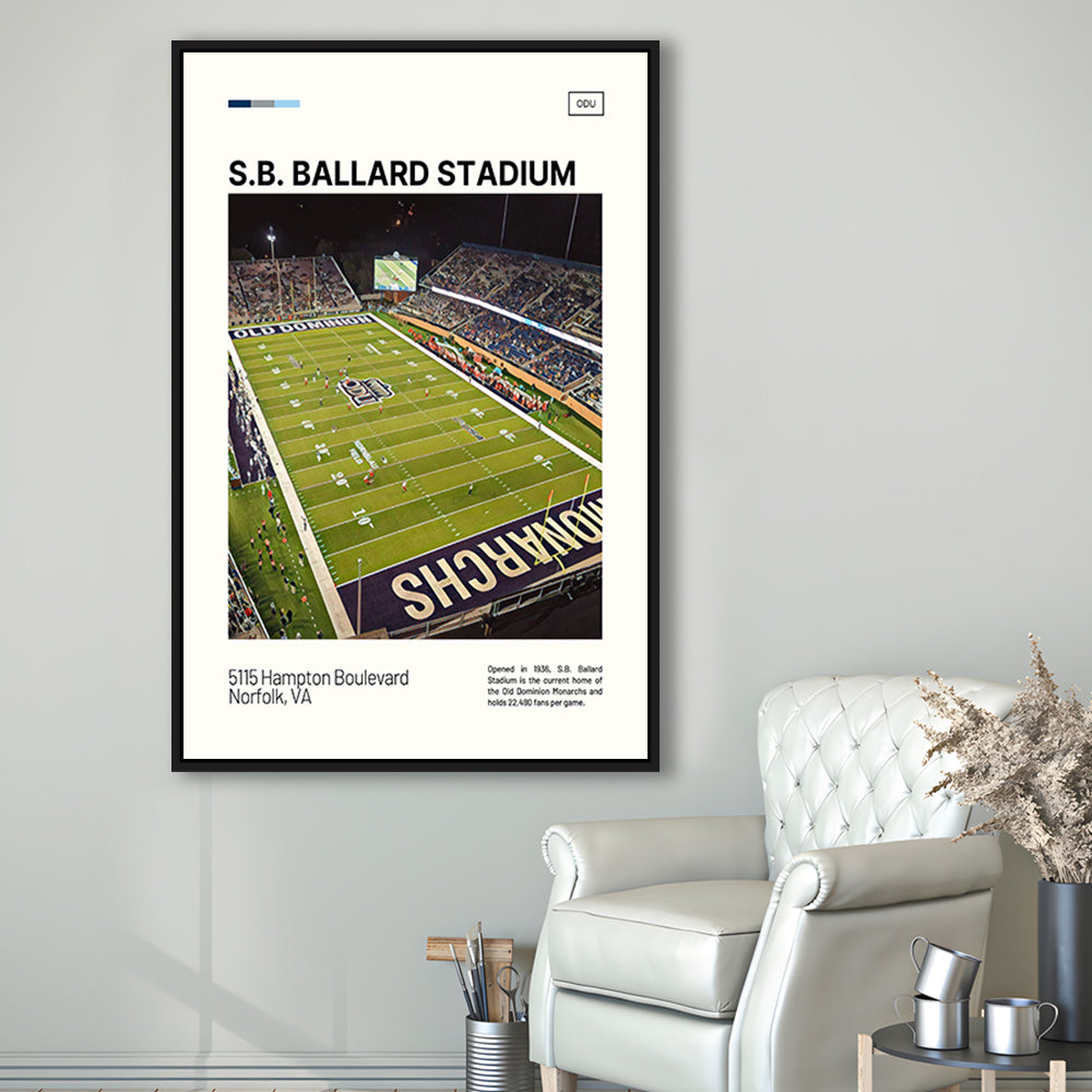 S.B. Ballard Stadium Print, Old Dominion Monarchs Stadium Canvas Art, Man Cave Gift, Floating Framed Canvas Print Wall Art