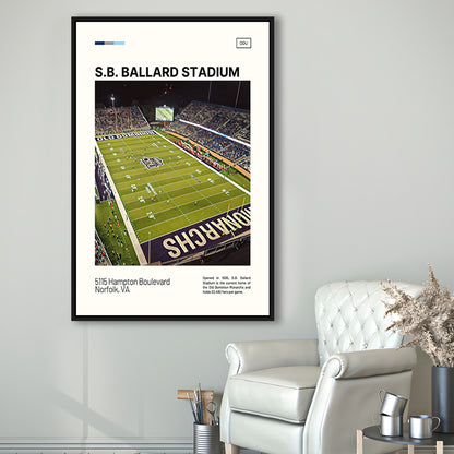 S.B. Ballard Stadium Print, Old Dominion Monarchs Stadium Canvas Art, Man Cave Gift, Floating Framed Canvas Print Wall Art