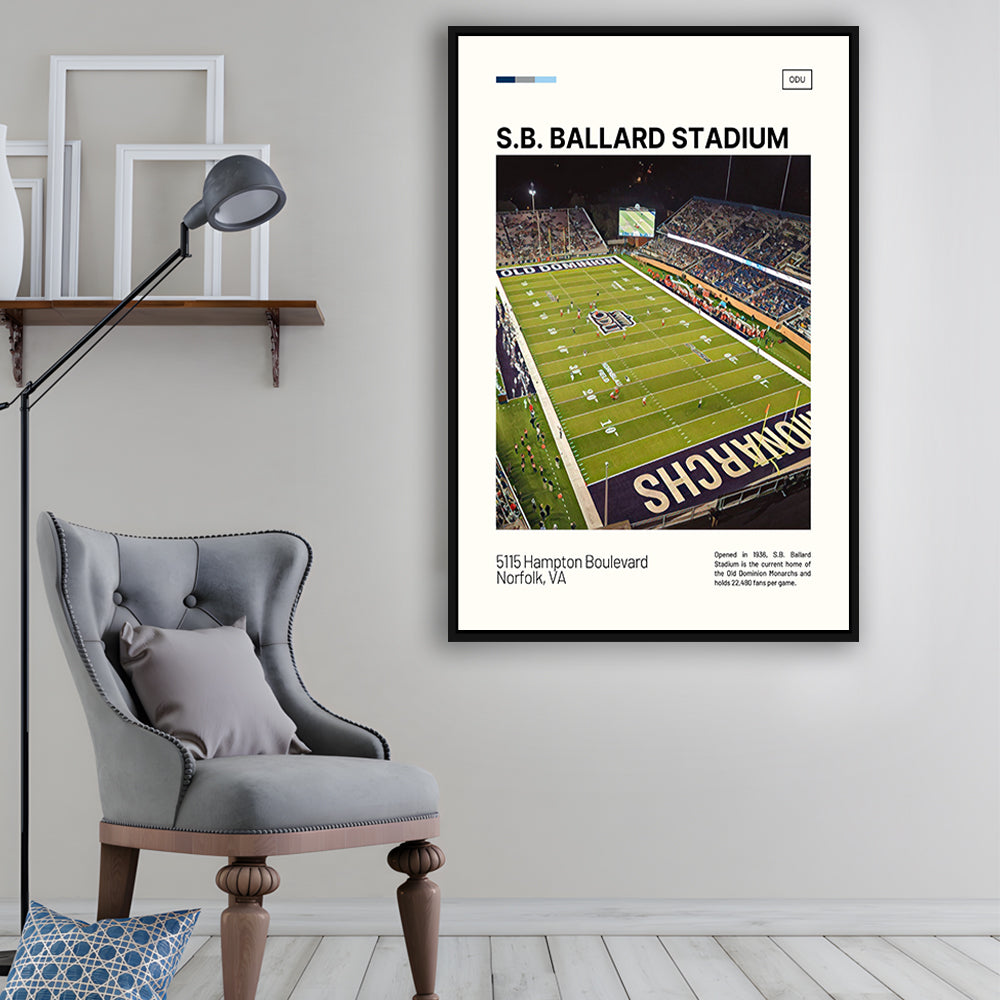 S.B. Ballard Stadium Print, Old Dominion Monarchs Stadium Canvas Art, Man Cave Gift, Floating Framed Canvas Print Wall Art