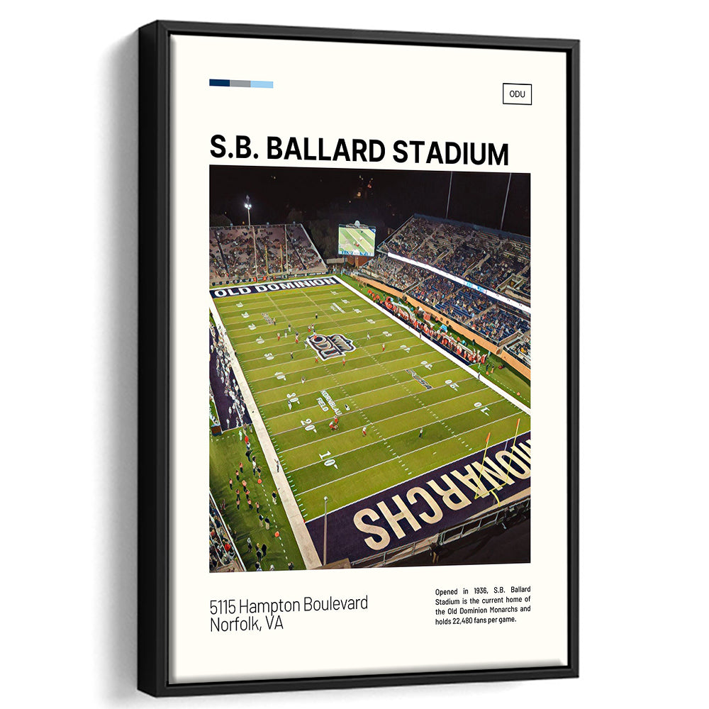 S.B. Ballard Stadium Print, Old Dominion Monarchs Stadium Canvas Art, Man Cave Gift, Floating Framed Canvas Print Wall Art