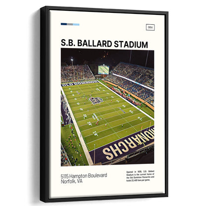 S.B. Ballard Stadium Print, Old Dominion Monarchs Stadium Canvas Art, Man Cave Gift, Floating Framed Canvas Print Wall Art