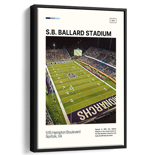 S.B. Ballard Stadium Print, Old Dominion Monarchs Stadium Canvas Art, Man Cave Gift, Floating Framed Canvas Print Wall Art