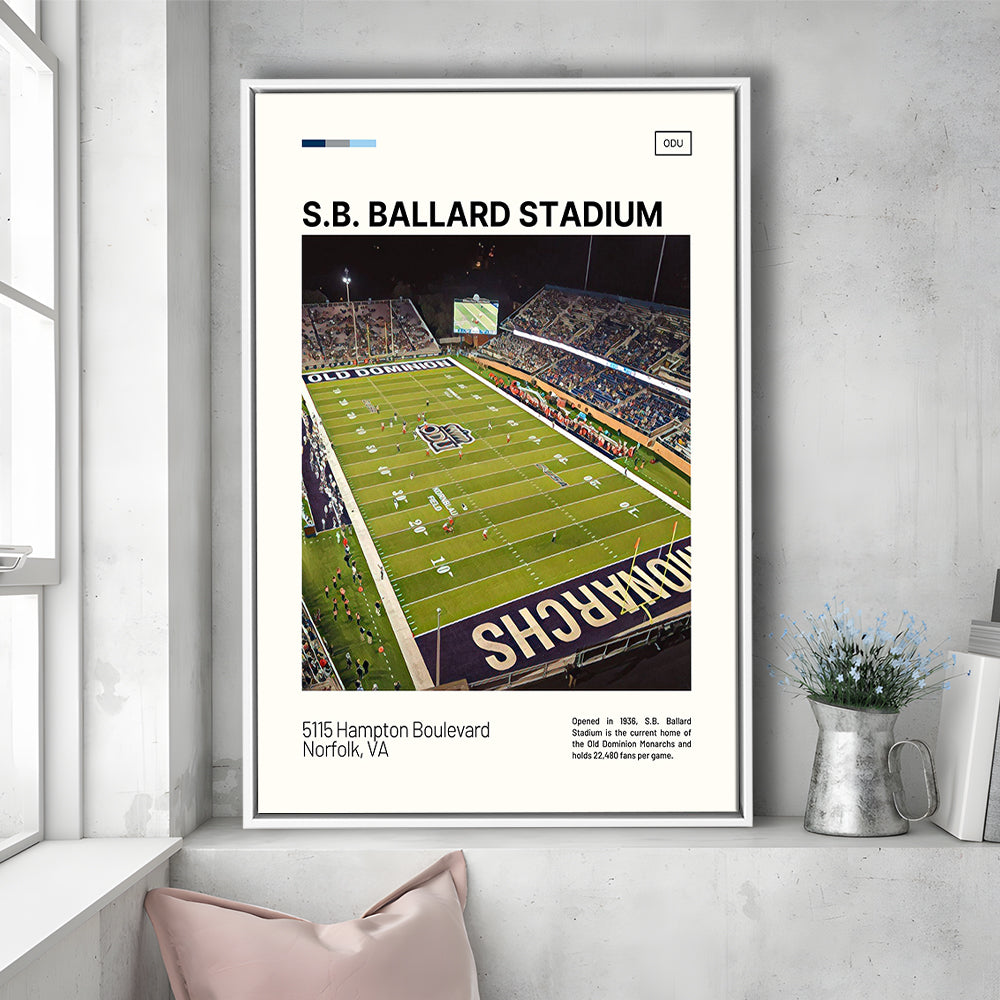 S.B. Ballard Stadium Print, Old Dominion Monarchs Stadium Canvas Art, Man Cave Gift, Floating Framed Canvas Print Wall Art