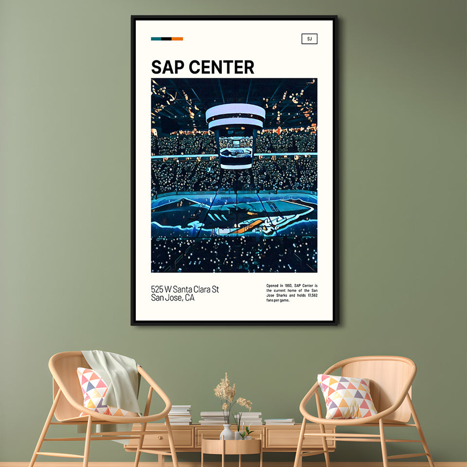 SAP Center Print, San Jose Sharks Stadium Canvas Art, Man Cave Gift, Floating Framed Canvas Print Wall Art