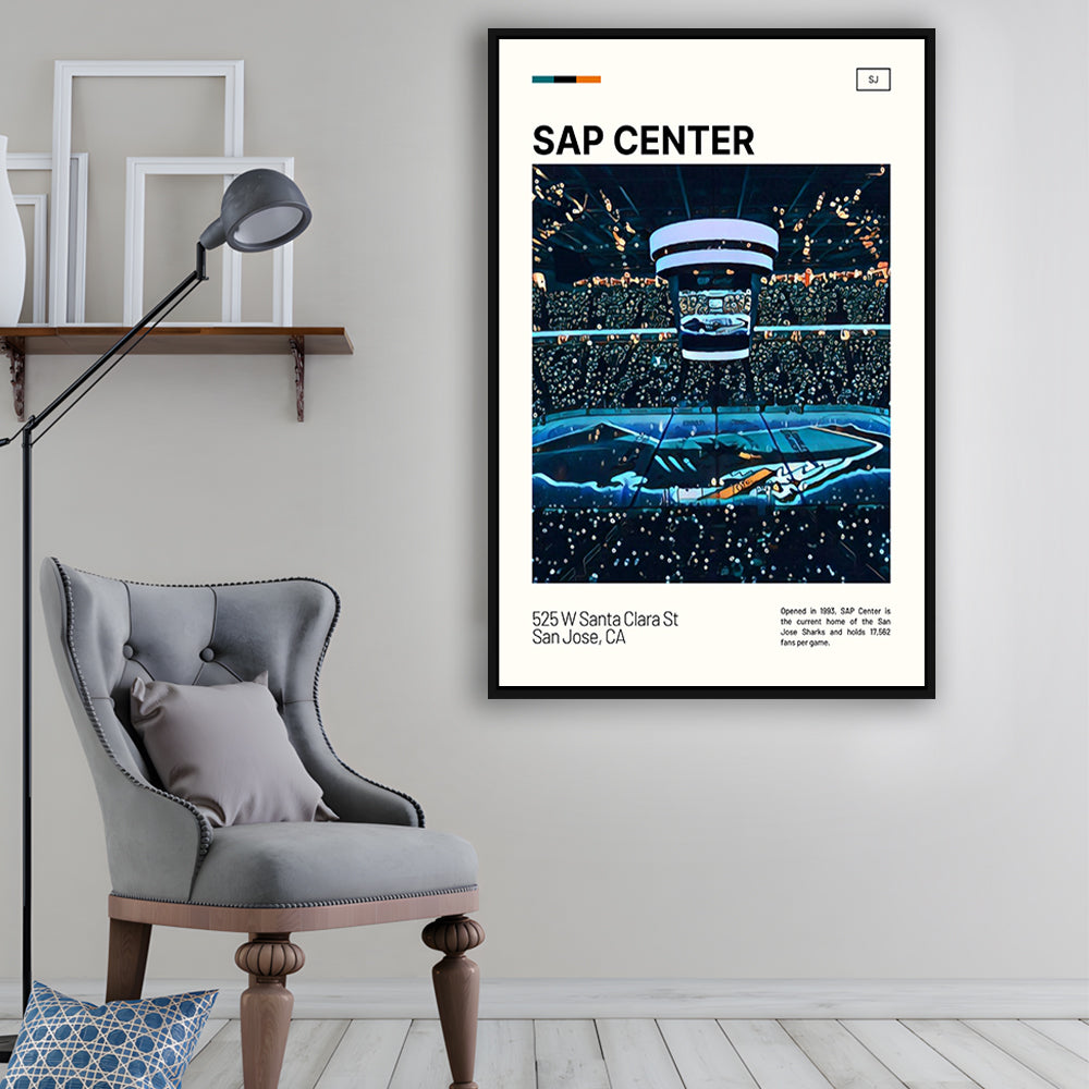 SAP Center Print, San Jose Sharks Stadium Canvas Art, Man Cave Gift, Floating Framed Canvas Print Wall Art