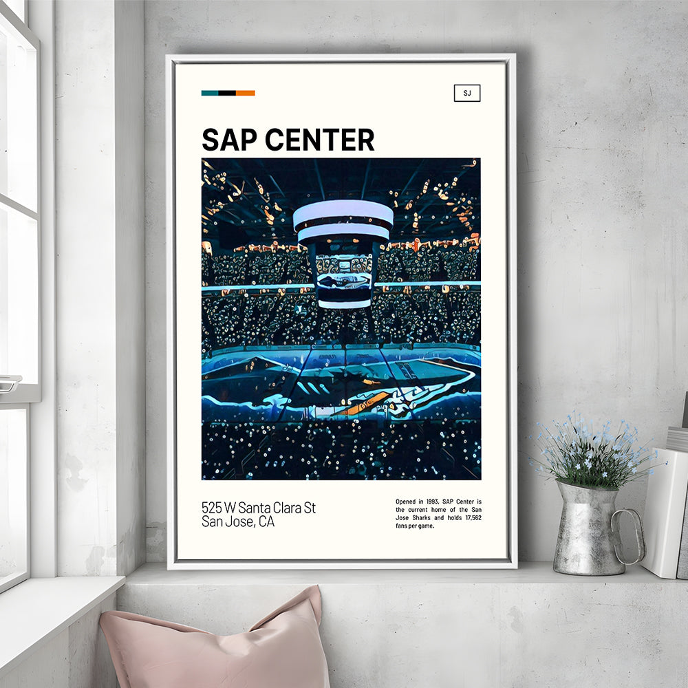 SAP Center Print, San Jose Sharks Stadium Canvas Art, Man Cave Gift, Floating Framed Canvas Print Wall Art