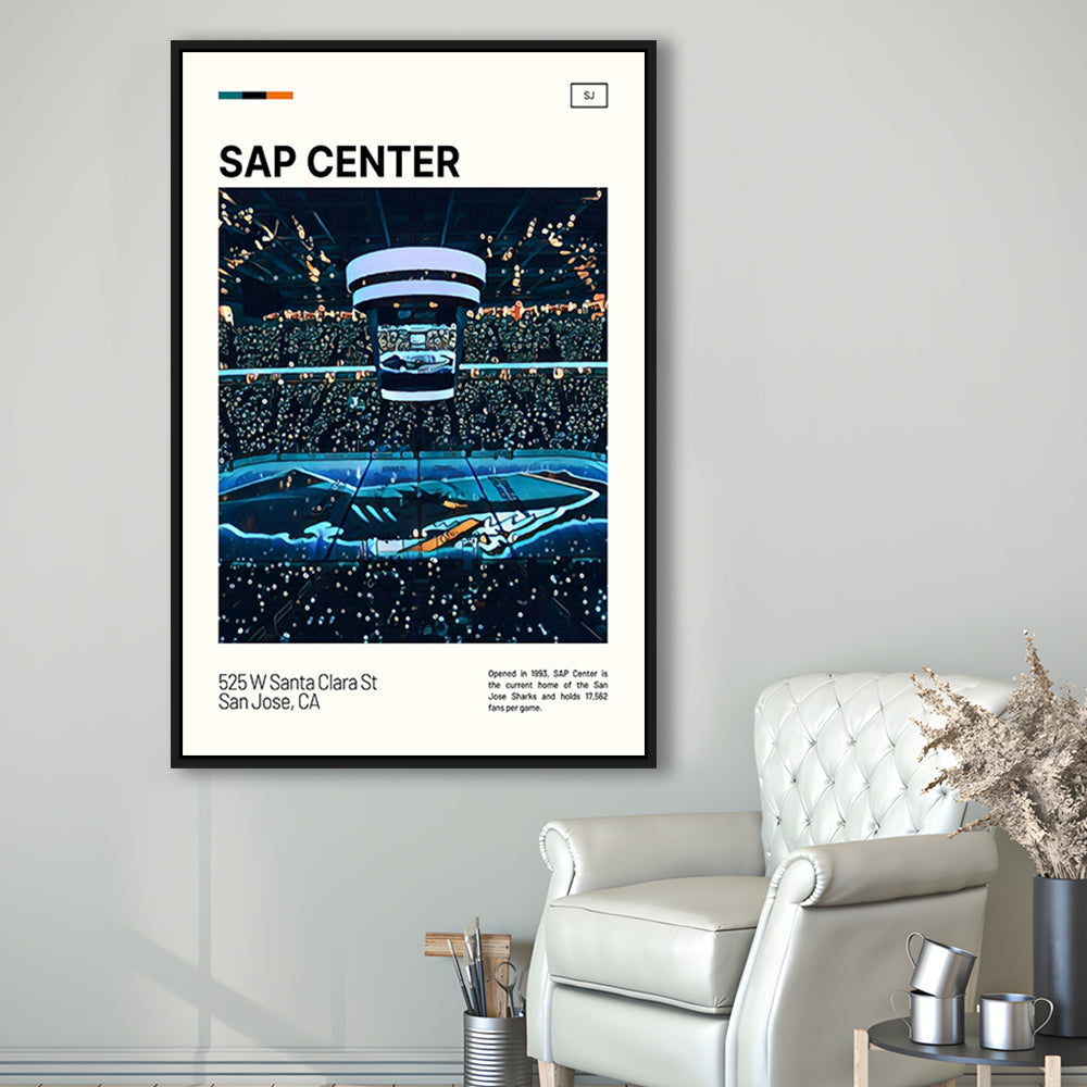 SAP Center Print, San Jose Sharks Stadium Canvas Art, Man Cave Gift, Floating Framed Canvas Print Wall Art