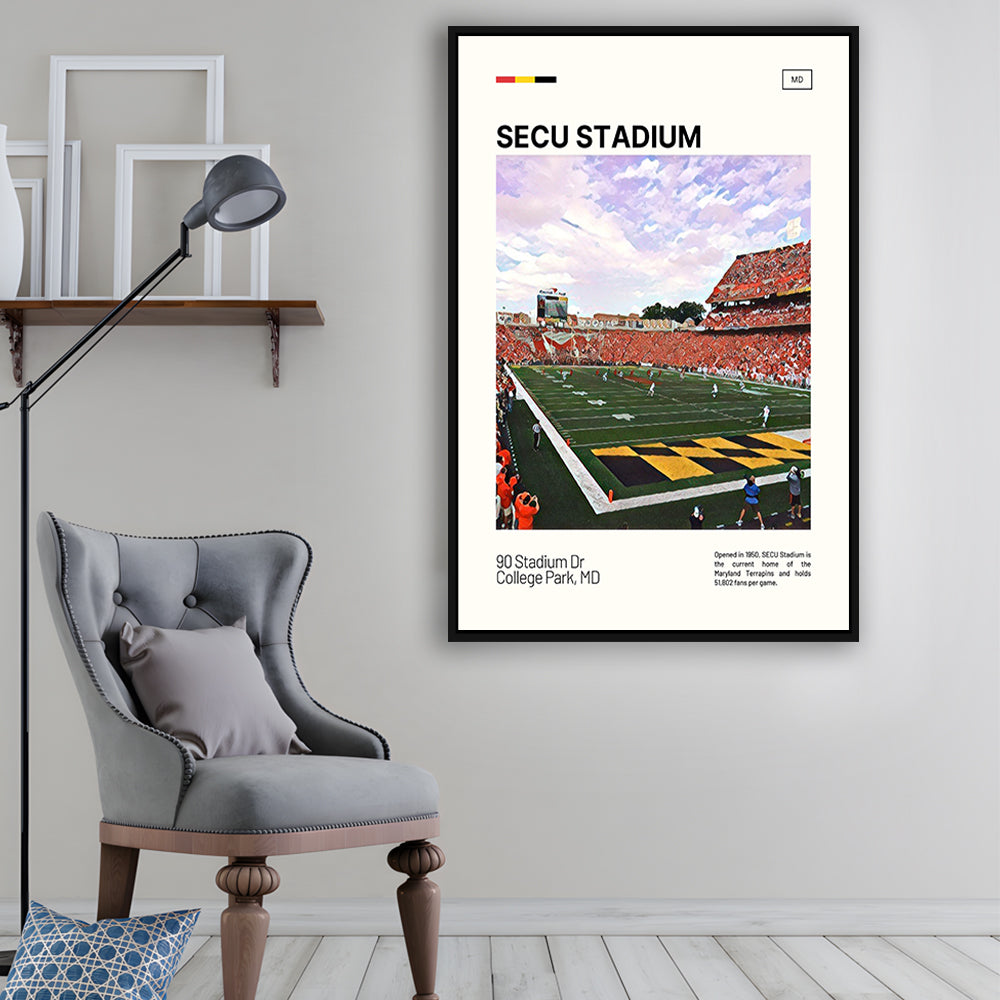 SECU Stadium Print, Maryland Terrapins Stadium Canvas Art, Man Cave Gift, Floating Framed Canvas Print Wall Art