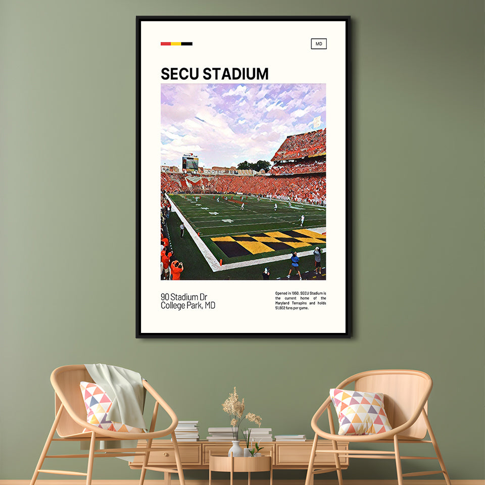 SECU Stadium Print, Maryland Terrapins Stadium Canvas Art, Man Cave Gift, Floating Framed Canvas Print Wall Art