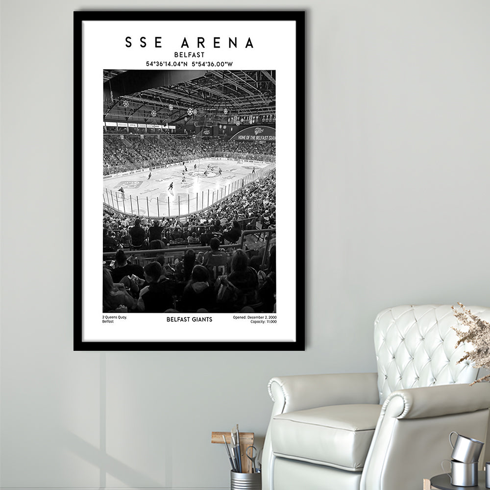 Sse Arena Belfast Stadium Black And White, Belfast Giants Hockey Stadium Wall Art Print, Framed Art Prints Wall Decor