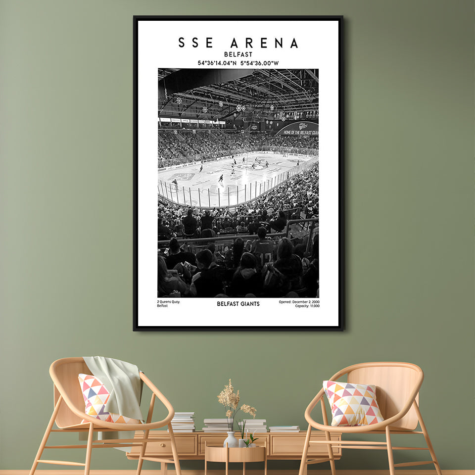 Sse Arena Belfast Stadium Black And White, Belfast Giants Hockey Stadium Wall Art Print, Framed Canvas Prints Wall Art