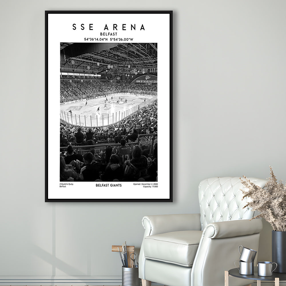 Sse Arena Belfast Stadium Black And White, Belfast Giants Hockey Stadium Wall Art Print, Framed Canvas Prints Wall Art