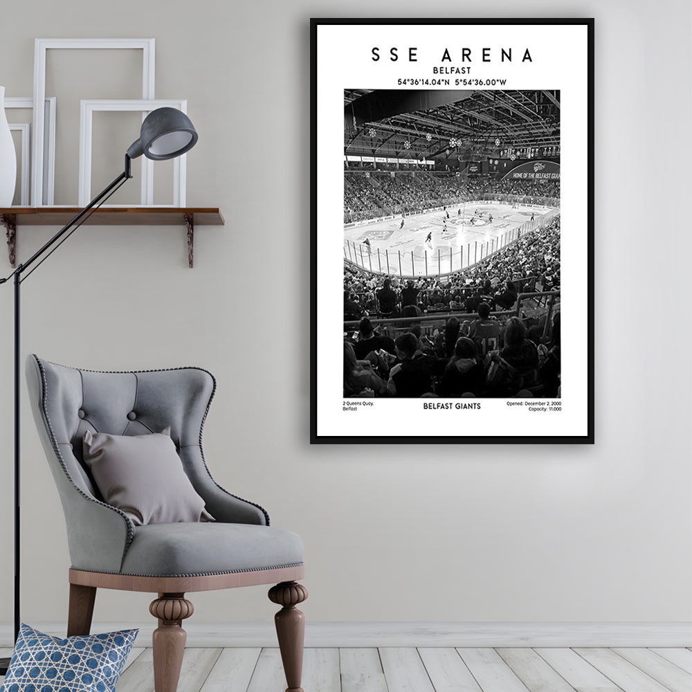 Sse Arena Belfast Stadium Black And White, Belfast Giants Hockey Stadium Wall Art Print, Framed Canvas Prints Wall Art