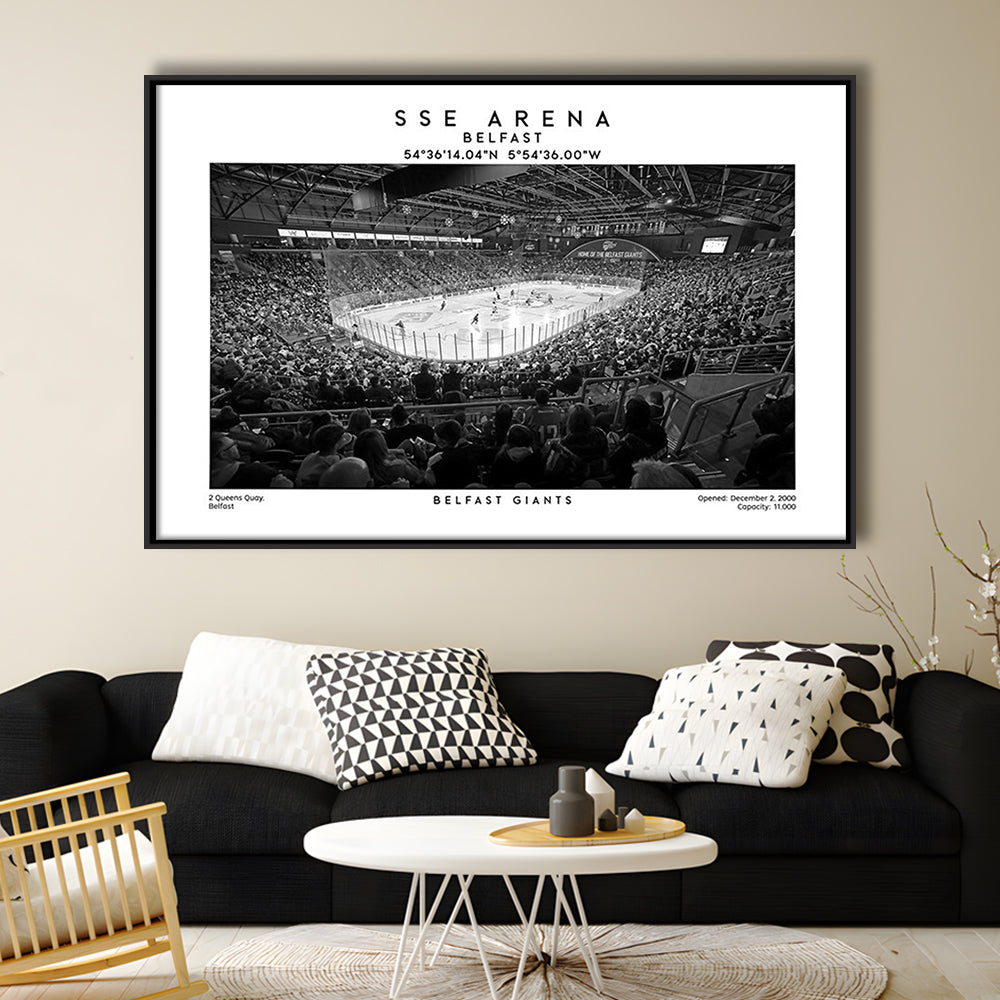 Sse Arena Belfast Stadium Black And White, Belfast Giants Wall Art, Stadium Decor, Framed Canvas Print Wall Art