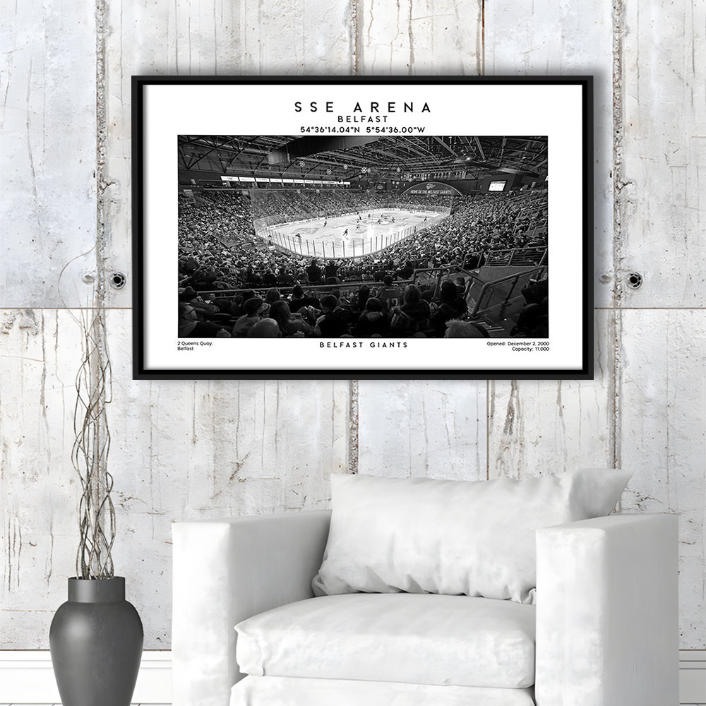 Sse Arena Belfast Stadium Black And White, Belfast Giants Wall Art, Stadium Decor, Framed Canvas Print Wall Art