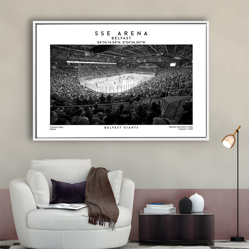 Sse Arena Belfast Stadium Black And White, Belfast Giants Wall Art, Stadium Decor, Framed Canvas Print Wall Art