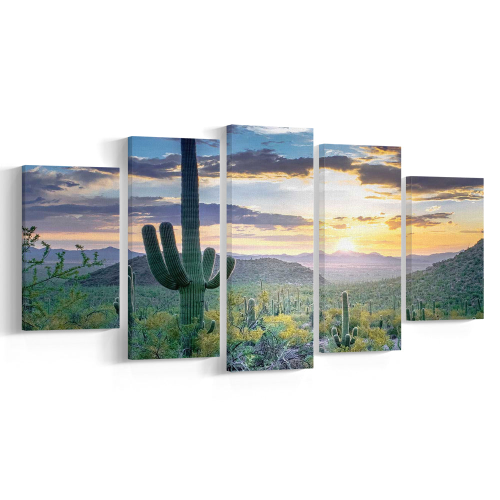 Saguaro National Park Wall Art,Majestic Arizona Canvas Print Depicting the Beauty, 5 Piece Large Cavas Print Wall Art