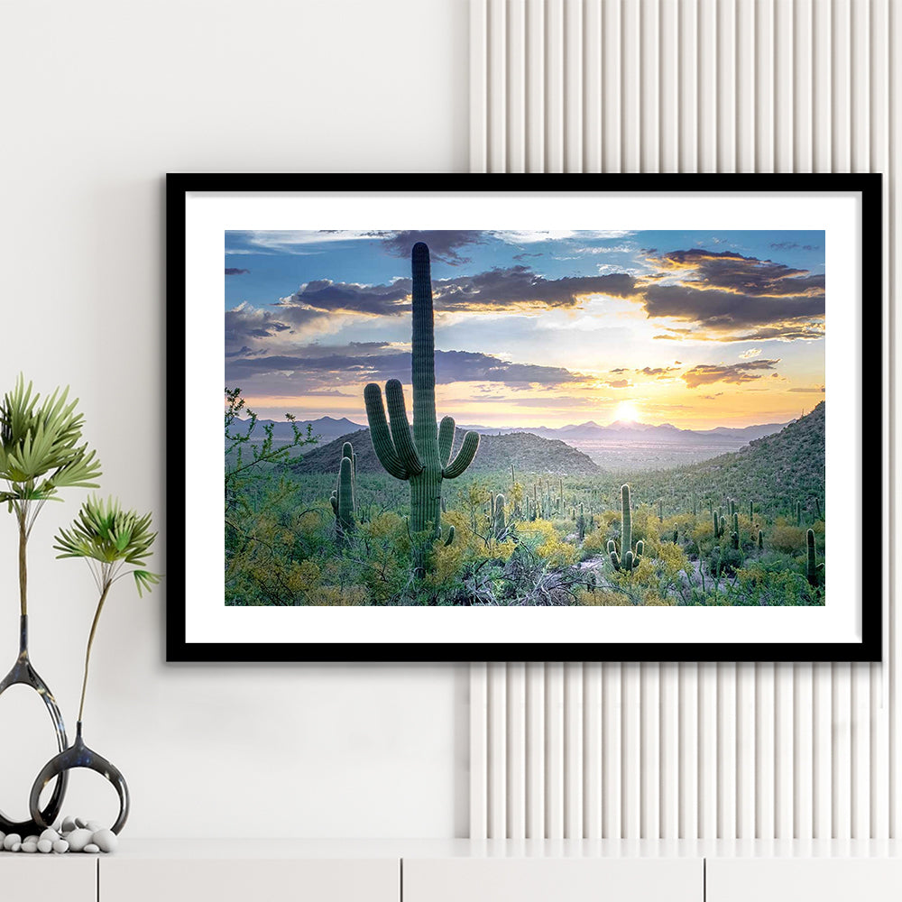 Saguaro National Park Wall Art,Majestic Arizona Art Print Depicting The Beauty, Framed Art Print White Border