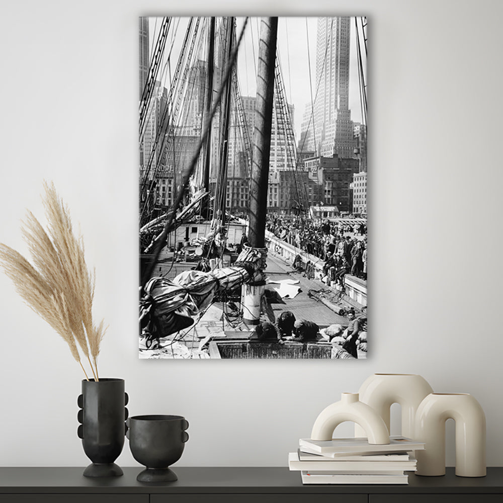 Sailboat at New York Piers Black and White Art Nautical Wall Art, Canvas Print Wall Art