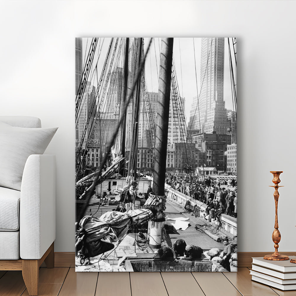 Sailboat at New York Piers Black and White Art Nautical Wall Art, Canvas Print Wall Art