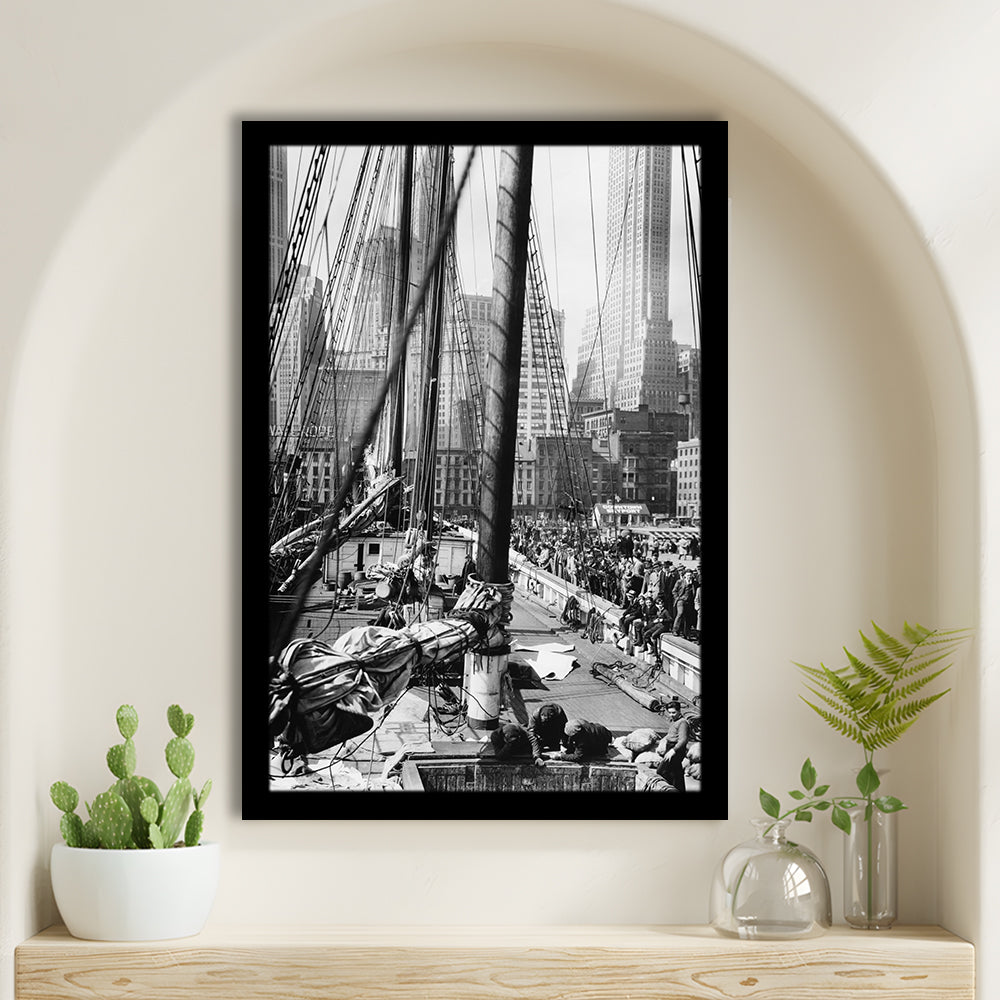 Sailboat at New York Piers Black and White Art Nautical Wall Art, Framed Art Print Wall Decor