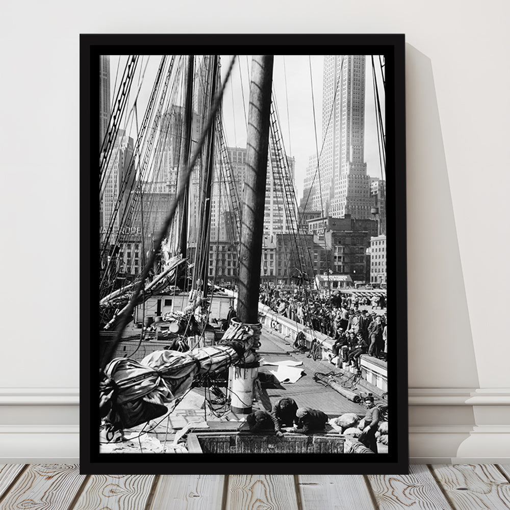 Sailboat at New York Piers Black and White Art Nautical Wall Art, Floating Framed Canvas Print