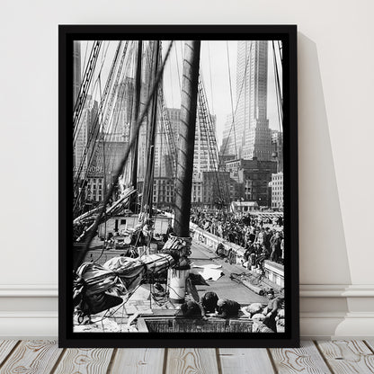 Sailboat at New York Piers Black and White Art Nautical Wall Art, Floating Framed Canvas Print