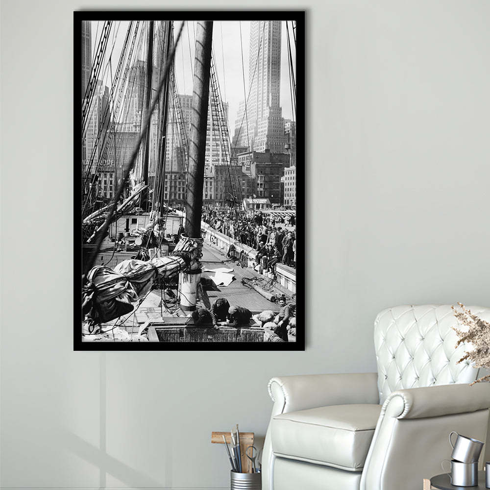 Sailboat at New York Piers Black and White Art Nautical Wall Art, Framed Art Print Wall Decor