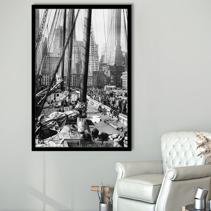 Sailboat at New York Piers Black and White Art Nautical Wall Art, Framed Art Print Wall Decor